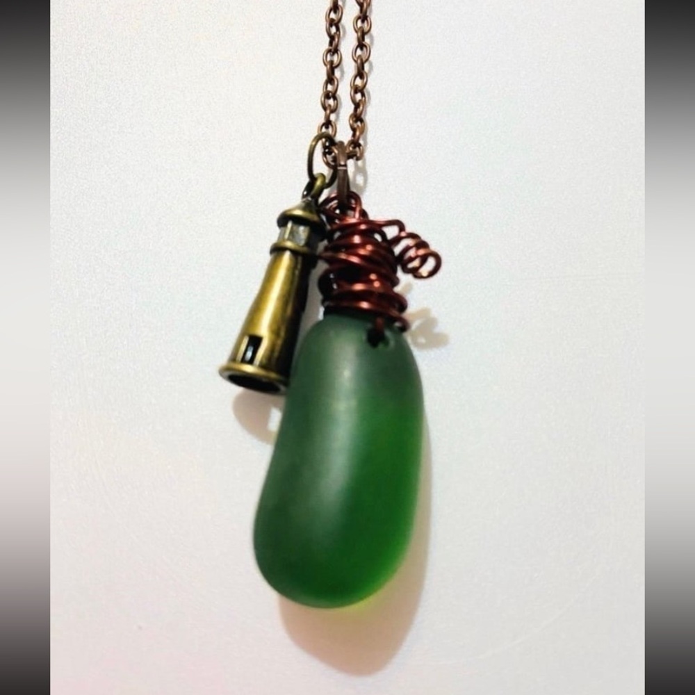 Green Sea Glass Pendant Necklace with Lighthouse Charm - Women Jewelry